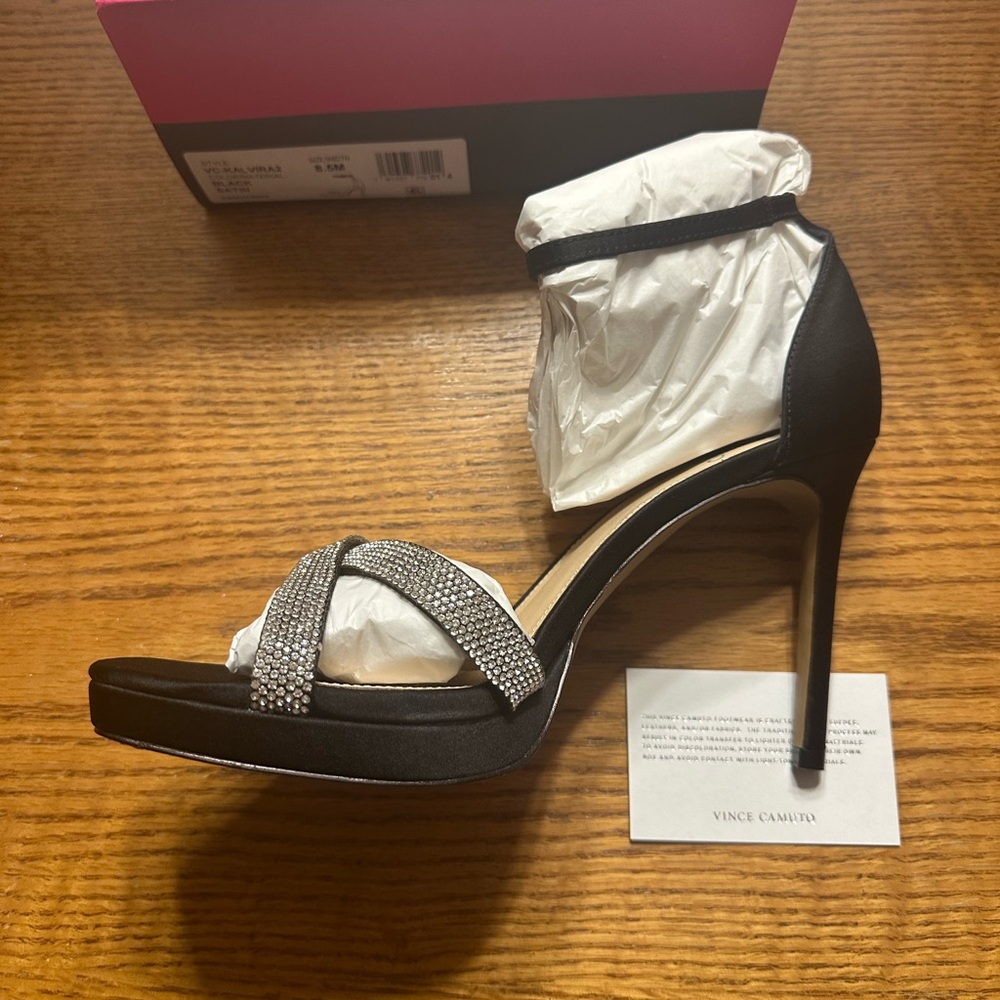 Vince Camuto Kalvira 2 Black Satin Rhinestone Square Open Toe Ankle Strap Heels - Picture 8 of 11